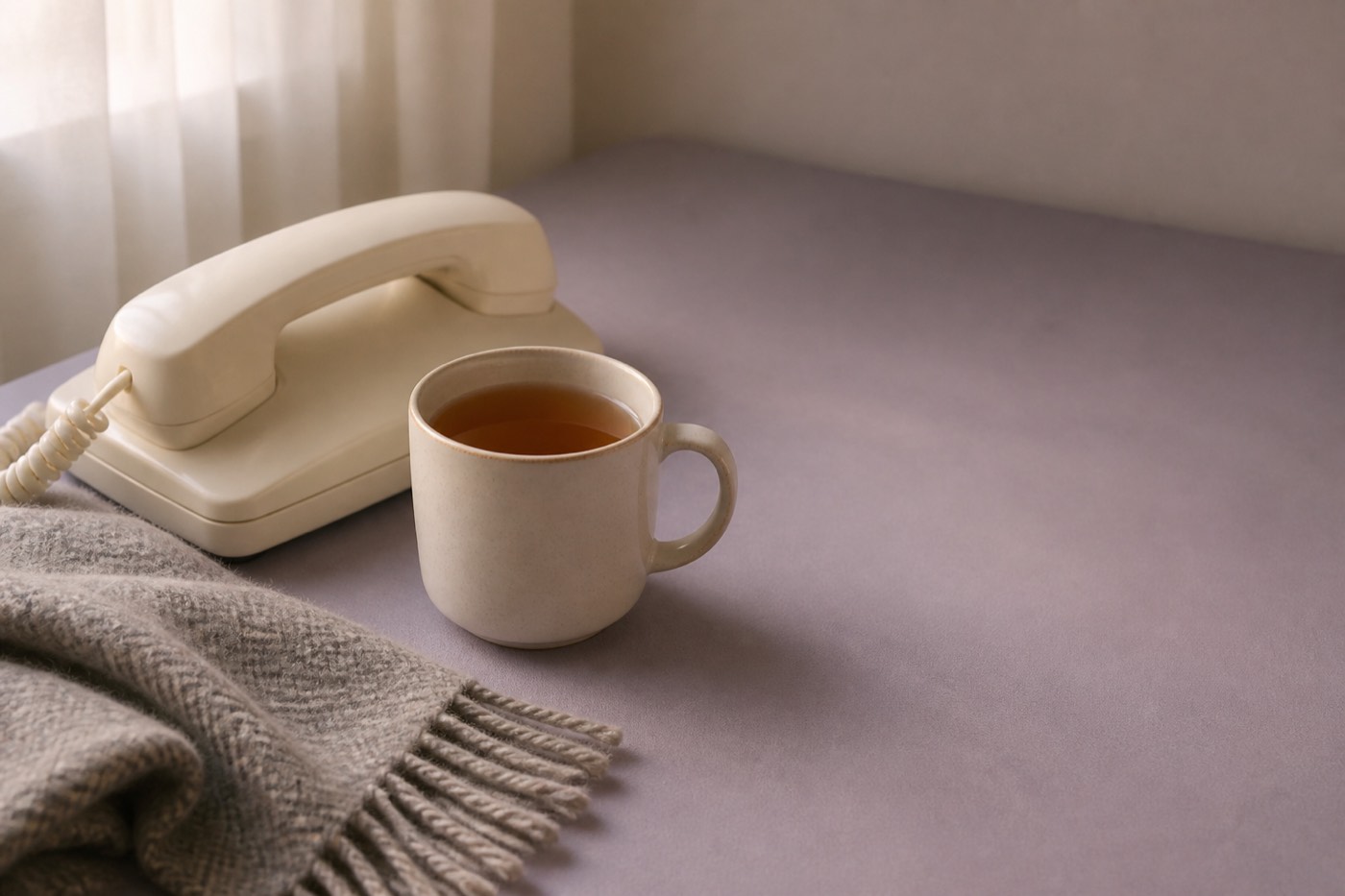 Téléphone à combiné et tasse posés près d’une fenêtre, lumière douce