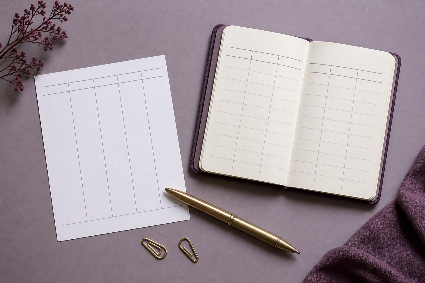 Feuille de comparaison quadrillée, carnet et stylo posés sur un plan de travail