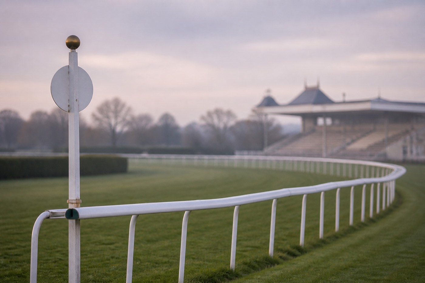 Lice blanche d’un hippodrome longeant une piste en herbe, tribune au loin