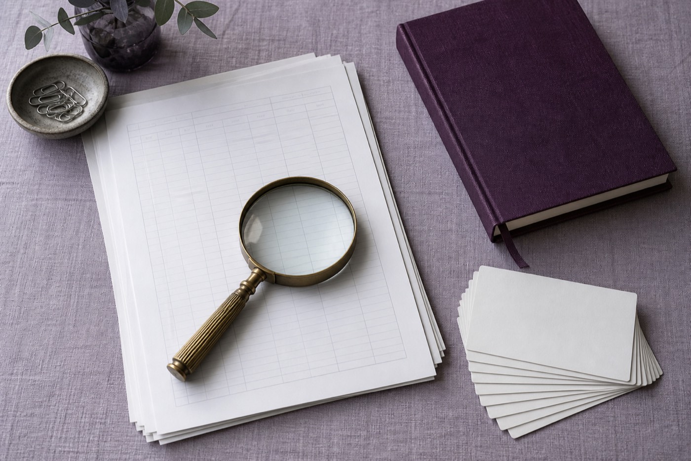 Documents de notation, loupe et carnet sur une table de travail