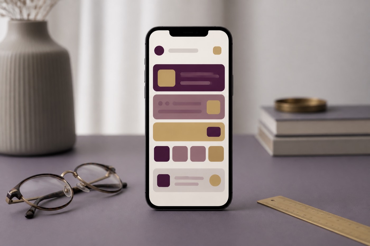 Téléphone posé sur un bureau affichant une interface de comparaison abstraite