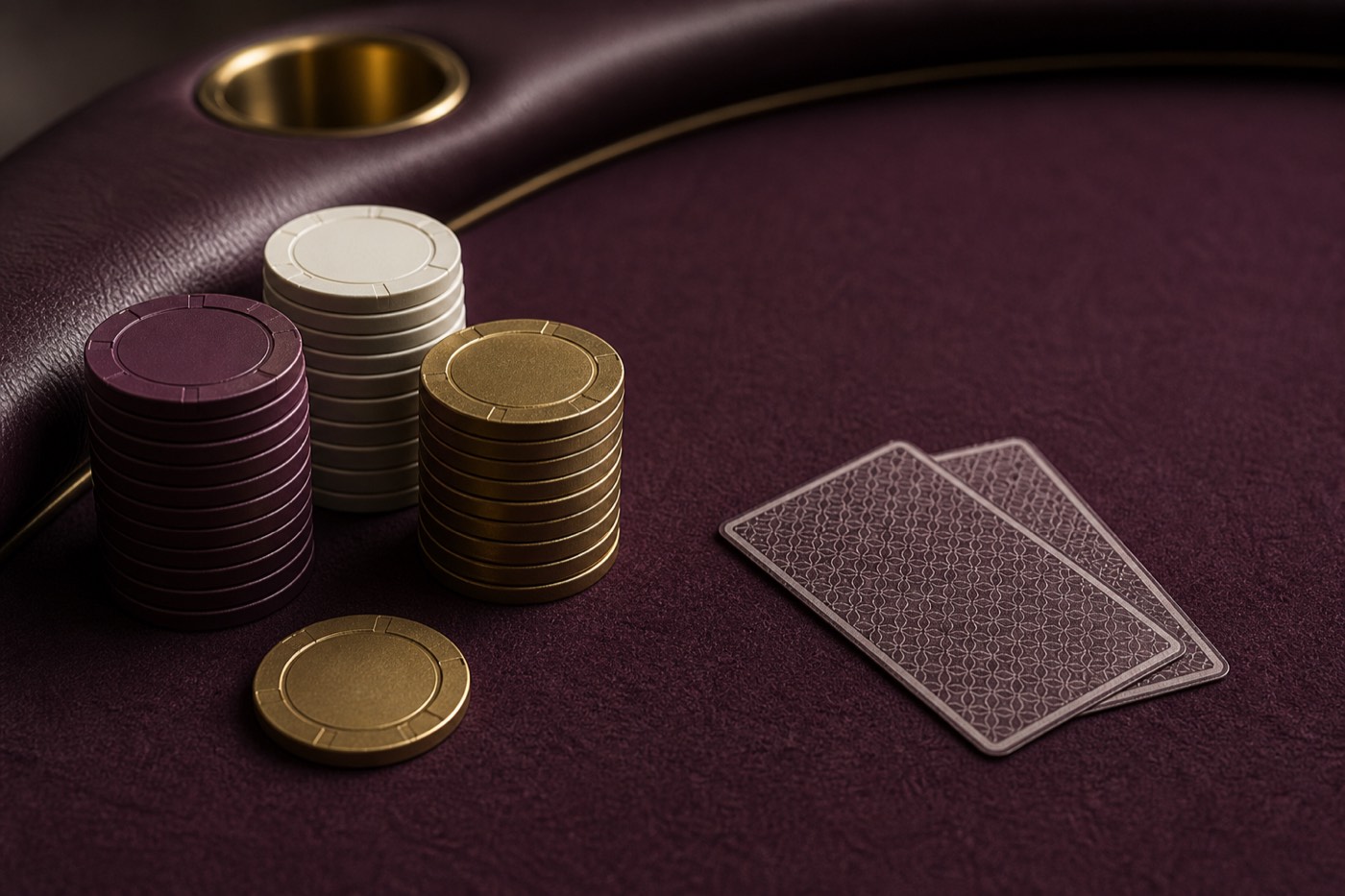 Piles de jetons de poker et deux cartes face cachée sur un tapis feutré