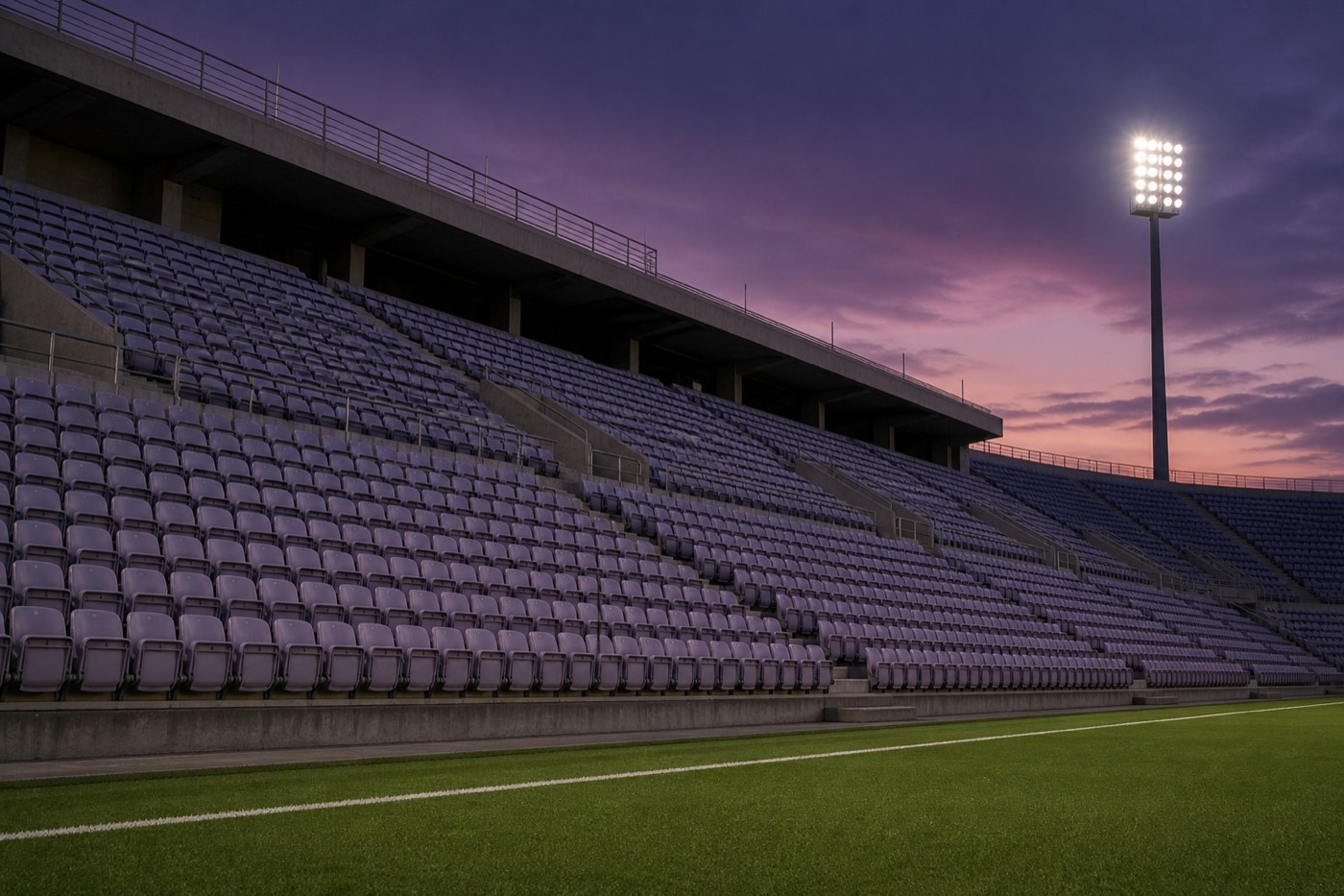 Tribunes vides d’un stade au crépuscule, avec un pylône d’éclairage allumé